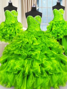 Best Selling Four Piece Three Pieces Organza Sweetheart Sleeveless Beading and Ruffles and Ruching Floor Length Lace Up Sweet 16 Dresses