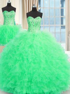 Three Piece Apple Green Sleeveless Floor Length Beading and Ruffles Lace Up Sweet 16 Dresses