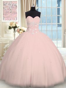 Pink Sleeveless Beading Floor Length Quince Ball Gowns