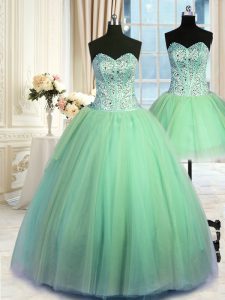 Three Piece Sleeveless Floor Length Beading Lace Up Quince Ball Gowns