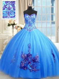 High Quality Floor Length Blue Sweet 16 Quinceanera Dress Sweetheart Sleeveless Lace Up