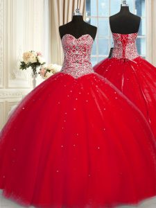 Halter Top Sequins Red Sleeveless Tulle Lace Up 15th Birthday Dress for Military Ball and Sweet 16 and Quinceanera