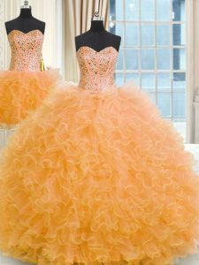 Captivating Three Piece Floor Length Orange Quince Ball Gowns Strapless Sleeveless Lace Up