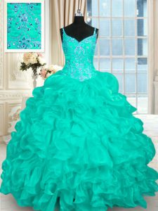 Colorful Turquoise Quinceanera Dresses Spaghetti Straps Sleeveless Brush Train Lace Up