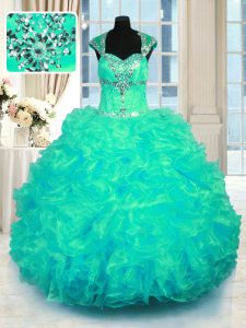 Turquoise Cap Sleeves Organza Lace Up Quinceanera Dress for Military Ball and Sweet 16 and Quinceanera