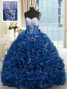 Hot Selling Navy Blue Organza Lace Up Sweetheart Sleeveless With Train Quinceanera Gown Brush Train Beading and Ruffles
