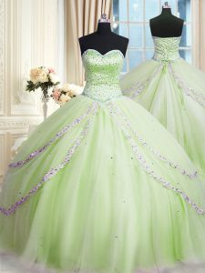 Fitting Yellow Green Sleeveless With Train Beading and Appliques Lace Up Sweet 16 Dresses