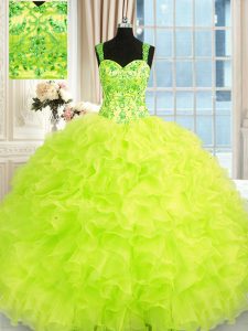 Yellow Green Ball Gowns Organza Straps Sleeveless Beading and Embroidery and Ruffles Floor Length Lace Up Quinceanera Gown