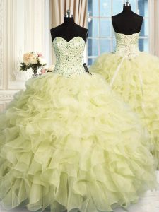 Latest Yellow Ball Gowns Beading and Ruffles Quinceanera Gown Lace Up Organza Sleeveless Floor Length