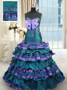 Glittering Sweetheart Sleeveless Quinceanera Gowns Sweep Train Appliques and Ruffled Layers and Bowknot Peacock Green Taffeta