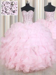 Baby Pink 15th Birthday Dress Military Ball and Sweet 16 and Quinceanera and For with Beading and Ruffles Sweetheart Sleeveless Lace Up