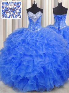 Stylish Floor Length Lace Up 15 Quinceanera Dress Royal Blue for Military Ball and Sweet 16 and Quinceanera with Beading and Ruffles