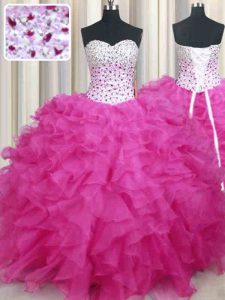 Halter Top Hot Pink Organza Lace Up Quinceanera Dresses Sleeveless Floor Length Beading and Ruffles