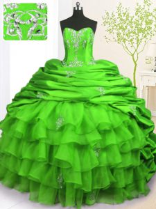 Green Lace Up Strapless Beading and Appliques and Ruffled Layers and Pick Ups Quinceanera Gowns Organza and Taffeta Sleeveless Brush Train