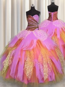 Fantastic Sweetheart Sleeveless Tulle Quince Ball Gowns Beading and Ruching Lace Up