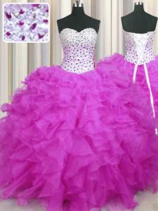 Custom Designed Beading and Ruffles Quinceanera Gowns Fuchsia Lace Up Sleeveless Floor Length