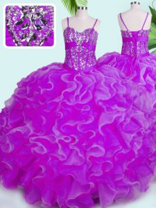 Unique Fuchsia 15 Quinceanera Dress Military Ball and Sweet 16 and Quinceanera and For with Beading and Ruffles Spaghetti Straps Sleeveless Lace Up