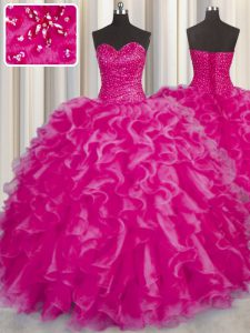 Modern Hot Pink Sweetheart Neckline Beading and Ruffles 15 Quinceanera Dress Sleeveless Lace Up