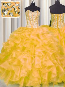 Gold Organza Lace Up Ball Gown Prom Dress Sleeveless Floor Length Beading and Ruffles