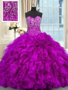Fantastic Purple Sleeveless Organza Brush Train Lace Up Sweet 16 Dress for Military Ball and Sweet 16 and Quinceanera
