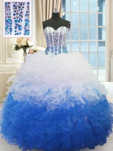 Best Selling Floor Length Lace Up Quinceanera Dresses Blue And White for Military Ball and Sweet 16 and Quinceanera with Beading and Ruffles