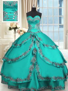 Sleeveless Floor Length Beading and Embroidery and Ruffled Layers Lace Up Sweet 16 Dresses with Turquoise