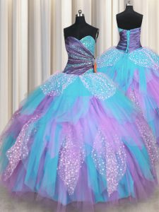 Custom Made Multi-color Ball Gowns Beading and Ruching 15 Quinceanera Dress Lace Up Tulle Sleeveless Floor Length