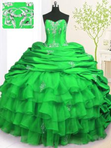 Excellent Strapless Sleeveless Organza and Taffeta Vestidos de Quinceanera Beading and Appliques and Ruffled Layers and Pick Ups Brush Train Lace Up