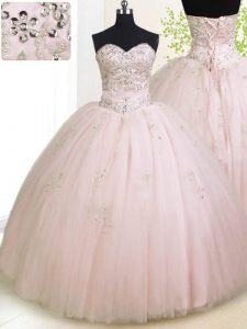 Baby Pink Ball Gowns Sweetheart Sleeveless Tulle Floor Length Lace Up Beading and Appliques Sweet 16 Dress