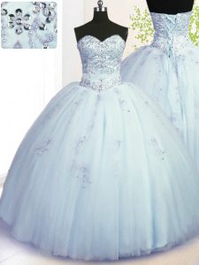 Latest Light Blue Sleeveless Tulle Lace Up Ball Gown Prom Dress for Military Ball and Sweet 16 and Quinceanera