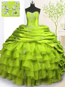 Luxurious Pick Ups Ruffled Brush Train Ball Gowns Quinceanera Dresses Olive Green Strapless Organza and Taffeta Sleeveless With Train Lace Up