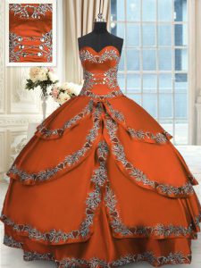Exquisite Sleeveless Floor Length Beading and Embroidery and Ruffled Layers Lace Up Sweet 16 Dresses with Rust Red