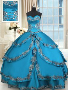 Ruffled Blue Sleeveless Taffeta Lace Up Quinceanera Gowns for Military Ball and Sweet 16 and Quinceanera