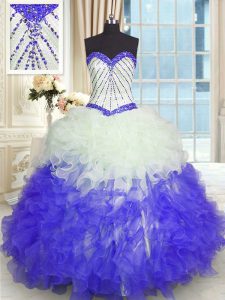 Blue And White Ball Gown Prom Dress Military Ball and Sweet 16 and Quinceanera and For with Beading and Ruffles Sweetheart Sleeveless Lace Up