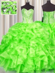 Inexpensive Sweetheart Neckline Beading and Ruffles Quinceanera Gown Sleeveless Lace Up
