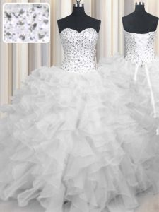 Designer Sweetheart Sleeveless Sweet 16 Dress Floor Length Beading and Ruffles White Organza