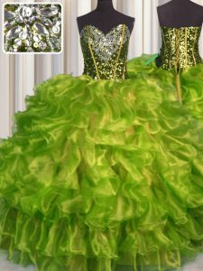 Eye-catching Olive Green Sweetheart Lace Up Beading and Ruffles Quinceanera Gown Sleeveless
