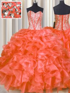 Superior Red Sleeveless Floor Length Beading and Ruffles Lace Up Quinceanera Dresses