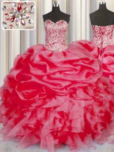 Decent Coral Red Sweet 16 Dress Military Ball and Sweet 16 and Quinceanera and For with Beading and Ruffles and Pick Ups Sweetheart Sleeveless Lace Up