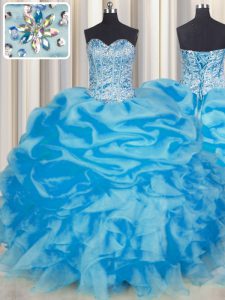 Blue Sweetheart Neckline Beading and Ruffles and Pick Ups Sweet 16 Dresses Sleeveless Lace Up