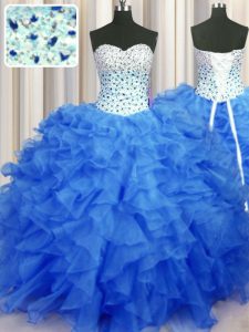 Sweetheart Sleeveless Quince Ball Gowns Floor Length Beading and Ruffles Blue Organza