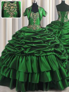 Hot Sale With Train Lace Up Quinceanera Gowns Dark Green for Military Ball and Sweet 16 and Quinceanera with Beading and Appliques and Pick Ups Brush Train