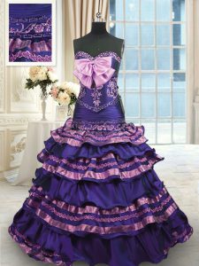 Graceful Dark Purple Sleeveless Sweep Train Appliques and Ruffled Layers and Bowknot With Train Quinceanera Dresses