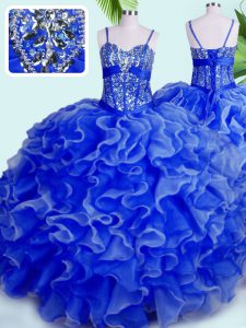 High Quality Blue Ball Gowns Organza Spaghetti Straps Sleeveless Beading and Ruffles Floor Length Lace Up Quinceanera Dresses