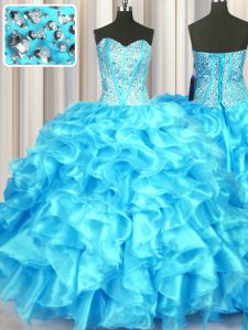 Classical Aqua Blue Ball Gowns Sweetheart Sleeveless Organza Floor Length Lace Up Beading and Ruffles Vestidos de Quinceanera