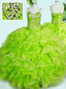 Amazing Yellow Green Ball Gowns Organza Spaghetti Straps Sleeveless Beading and Ruffles Floor Length Lace Up Quinceanera Dresses