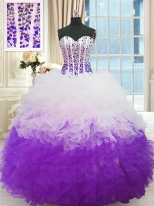 Chic White And Purple Organza Lace Up Sweetheart Sleeveless Floor Length Sweet 16 Dresses Beading and Ruffles