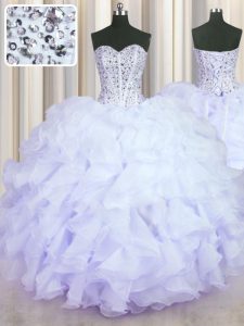 Sweet Lavender Organza Lace Up Quince Ball Gowns Sleeveless Floor Length Beading and Ruffles