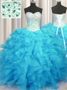 Baby Blue Sweetheart Neckline Beading and Ruffles Quinceanera Gowns Sleeveless Lace Up