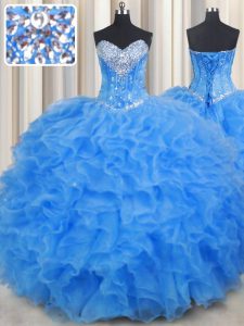 Attractive Baby Blue Ball Gowns Sweetheart Sleeveless Organza Floor Length Lace Up Beading and Ruffles Quinceanera Dress